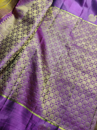 MAJENTA PINK MUSTARD GREEN SILK PURE HANDLOOM KANJIVARAM MUBBAGAM  SAREE