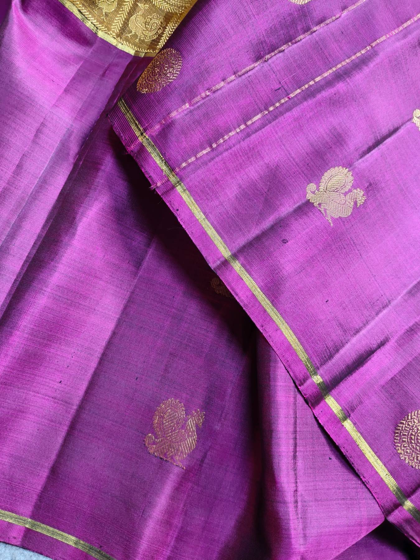 MAJENTA PINK MUSTARD GREEN SILK PURE HANDLOOM KANJIVARAM MUBBAGAM  SAREE