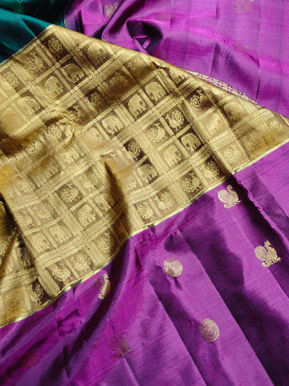 MAJENTA PINK MUSTARD GREEN SILK PURE HANDLOOM KANJIVARAM MUBBAGAM  SAREE