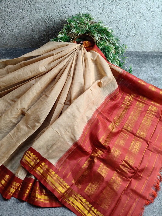 BEIGE COTTON PURE HANDLOOM GADWAL SAREE