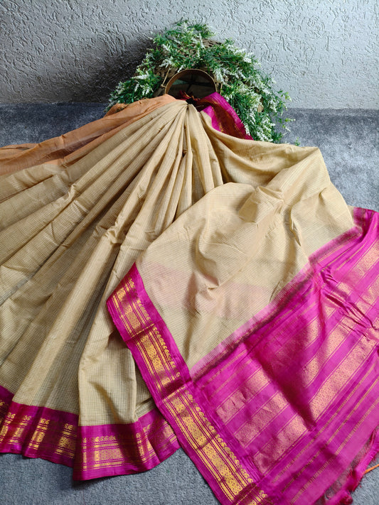 BEIGE COTTON PURE HANDLOOM GADWAL SAREE