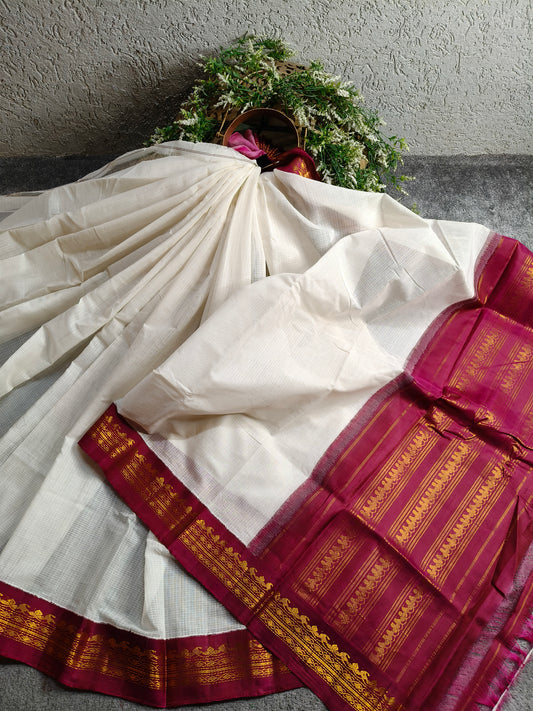 WHITE COTTON PURE HANDLOOM GADWAL SAREE