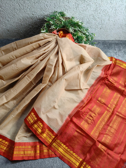 BEIGE COTTON PURE HANDLOOM GADWAL SAREE