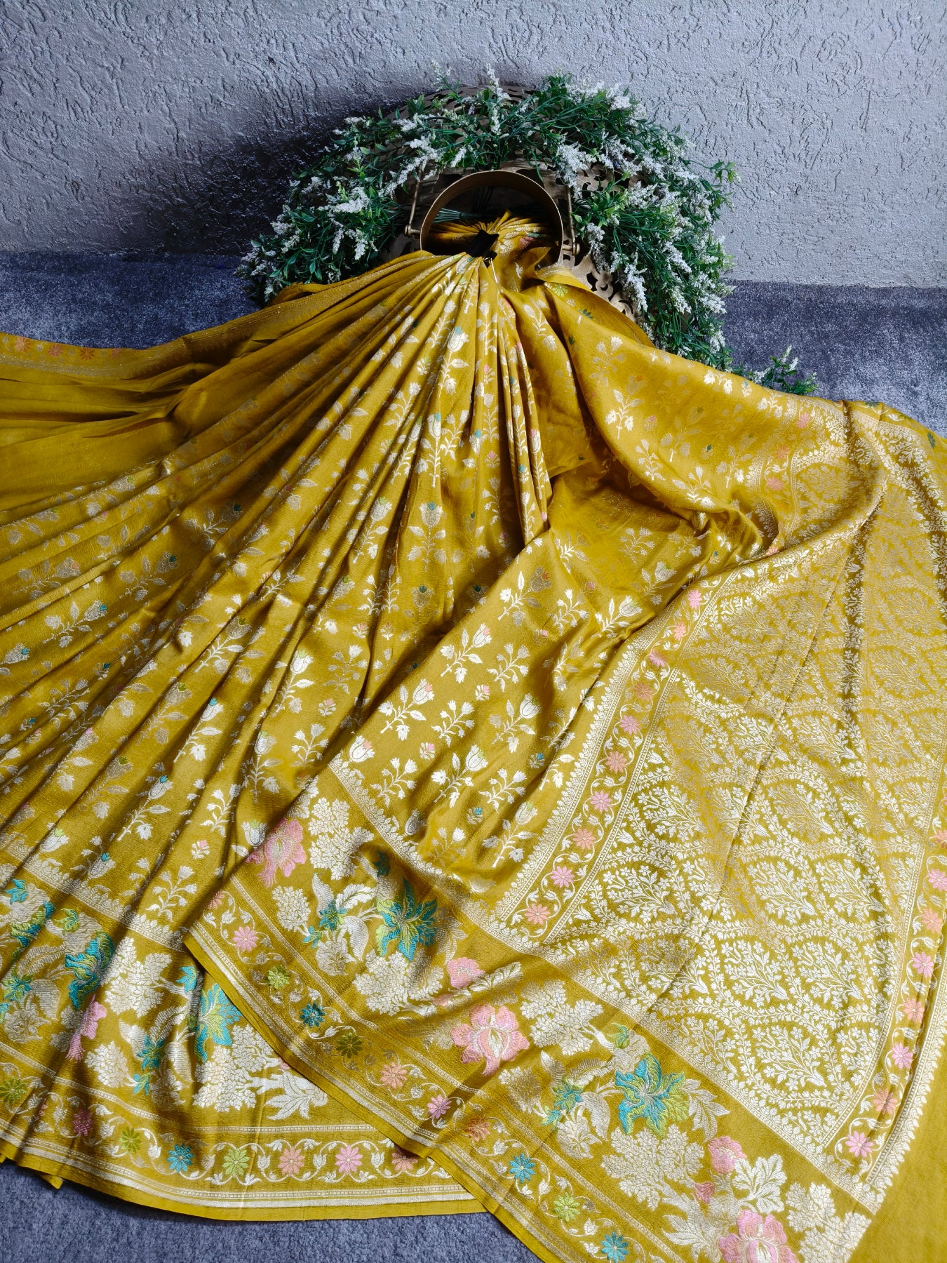 MUSTARD YELLOW TASSAR GEORGETTE PURE HANDLOOM BANARASI SAREE