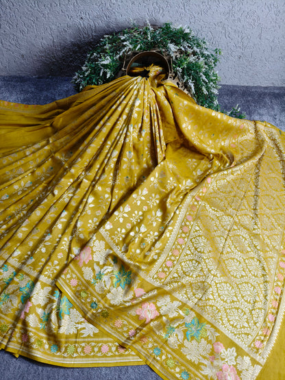 MUSTARD YELLOW TASSAR GEORGETTE PURE HANDLOOM BANARASI SAREE