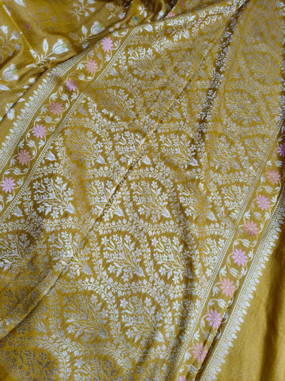MUSTARD YELLOW TASSAR GEORGETTE PURE HANDLOOM BANARASI SAREE