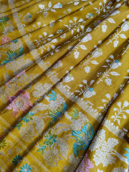 MUSTARD YELLOW TASSAR GEORGETTE PURE HANDLOOM BANARASI SAREE