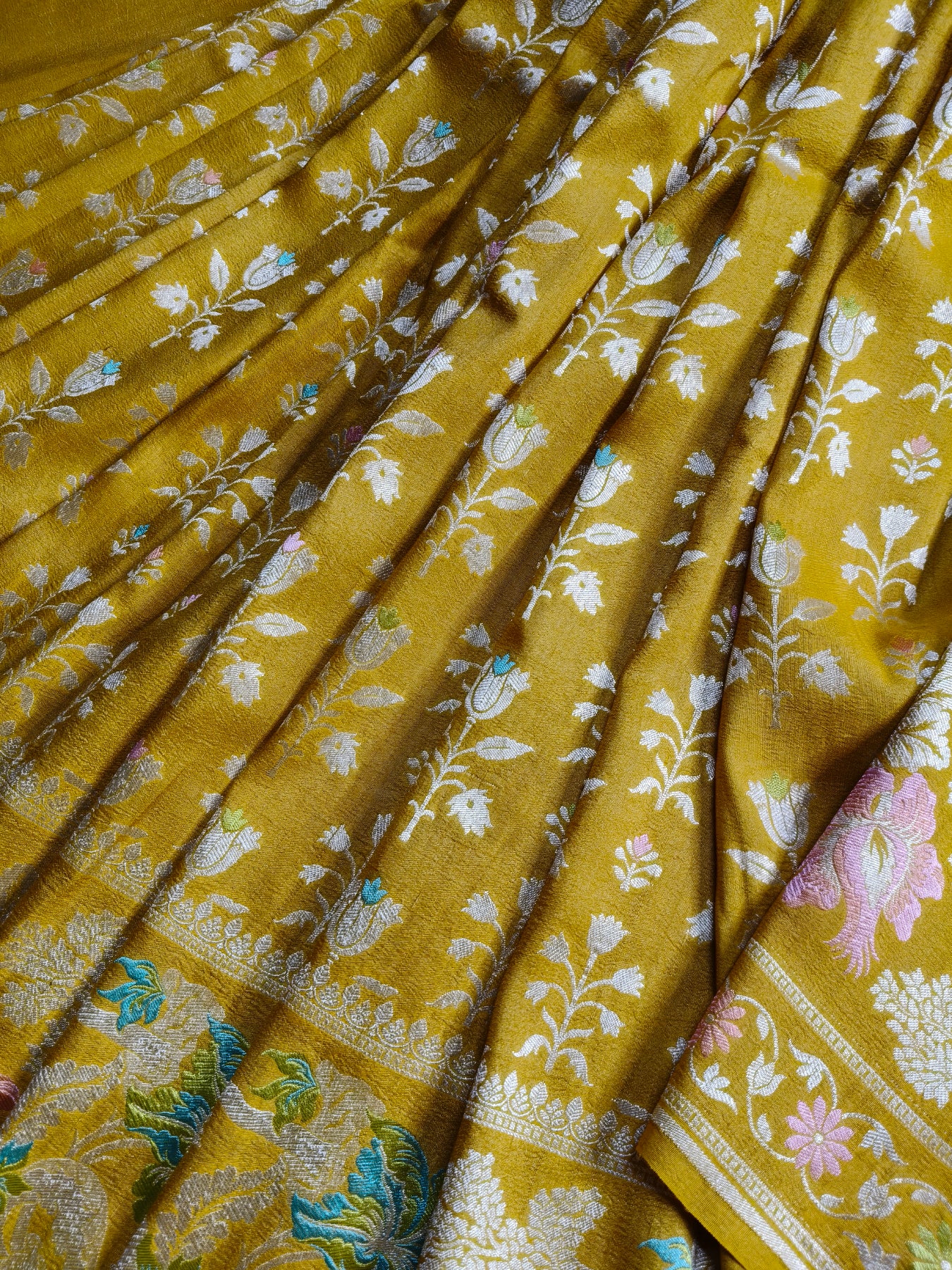 MUSTARD YELLOW TASSAR GEORGETTE PURE HANDLOOM BANARASI SAREE