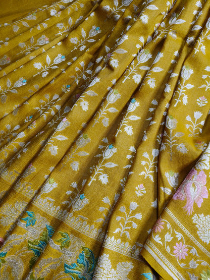 MUSTARD YELLOW TASSAR GEORGETTE PURE HANDLOOM BANARASI SAREE