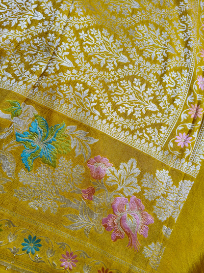 MUSTARD YELLOW TASSAR GEORGETTE PURE HANDLOOM BANARASI SAREE