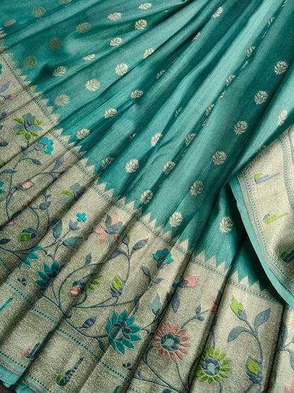 SEA BLUE TASSAR GEORGETTE PURE HANDLOOM BANARASI SAREE
