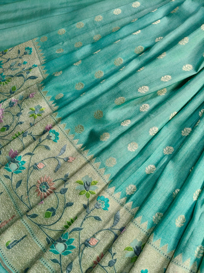 SEA BLUE TASSAR GEORGETTE PURE HANDLOOM BANARASI SAREE