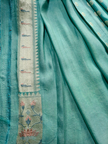SEA BLUE TASSAR GEORGETTE PURE HANDLOOM BANARASI SAREE