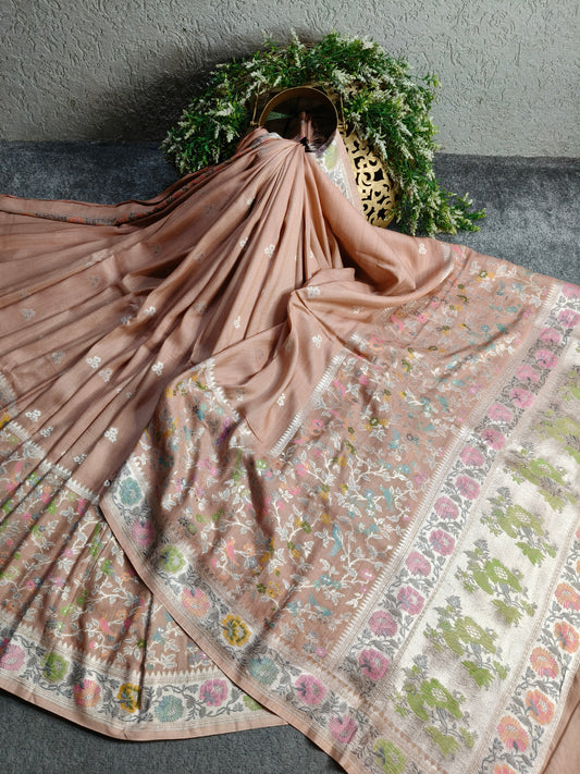 PASTEL PEACH TASSAR GEORGETTE PURE HANDLOOM BANARASI SAREE