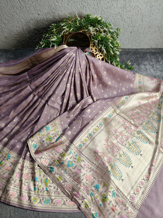 MAUVE TASSAR GEORGETTE PURE HANDLOOM BANARASI SAREE