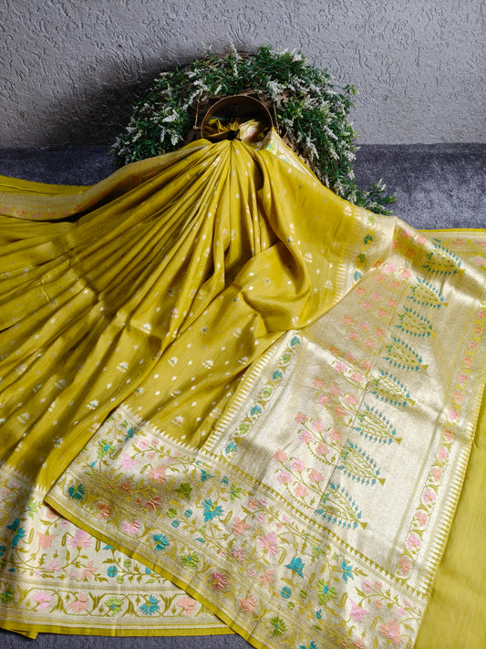 MUSTARD YELLOW TASSAR GEORGETTE PURE HANDLOOM BANARASI SAREE