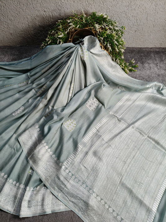 LIGHT GREY TASSAR GEORGETTE PURE HANDLOOM BANARASI SAREE