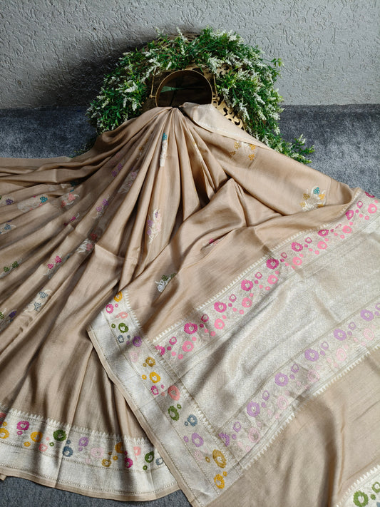 BEIGE TASSAR GEORGETTE PURE HANDLOOM BANARASI SAREE