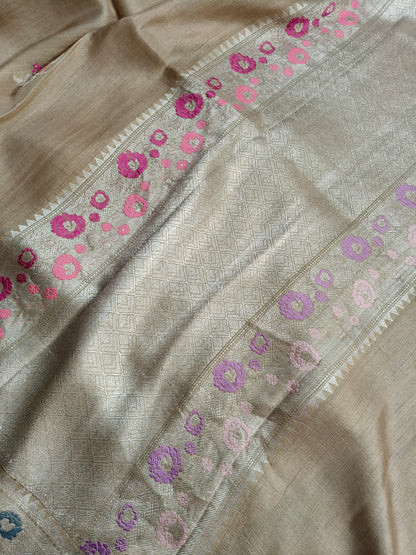 BEIGE TASSAR GEORGETTE PURE HANDLOOM BANARASI SAREE