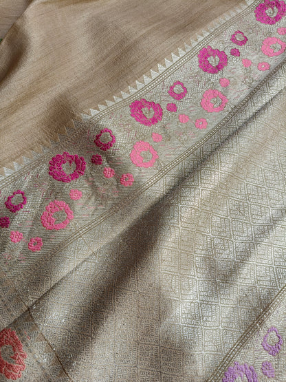 BEIGE TASSAR GEORGETTE PURE HANDLOOM BANARASI SAREE