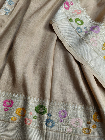 BEIGE TASSAR GEORGETTE PURE HANDLOOM BANARASI SAREE