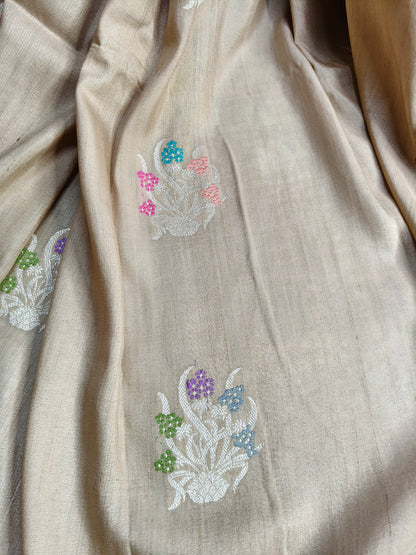 BEIGE TASSAR GEORGETTE PURE HANDLOOM BANARASI SAREE