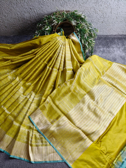 LIME YELLOW SATIN SILK PURE HANDLOOM BANARASI SAREE
