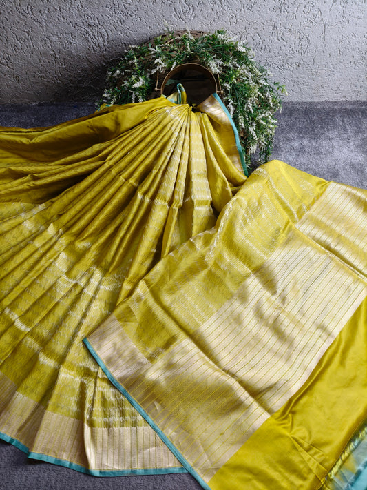 LIME YELLOW SATIN SILK PURE HANDLOOM BANARASI SAREE