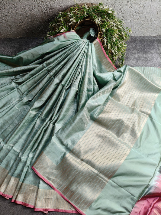 SEA BLUE SATIN SILK PURE HANDLOOM BANARASI SAREE