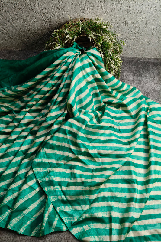 SEA GREEN AND WHITE TUSSAR SILK PURE HANDLOOM LEHERIYA SAREE