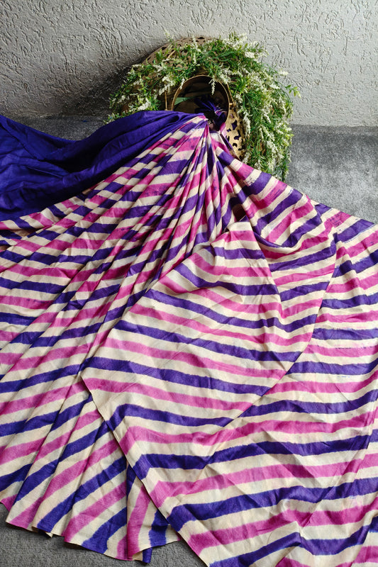 WHITE PINK PURPLE TUSSAR SILK PURE HANDLOOM LEHERIYA SAREE