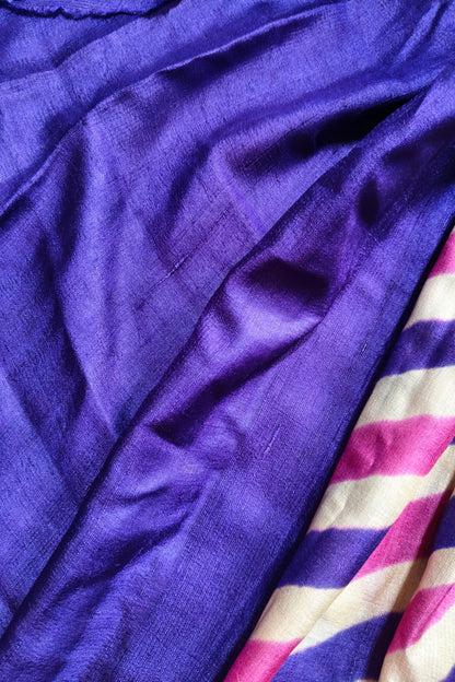 WHITE PINK PURPLE TUSSAR SILK PURE HANDLOOM LEHERIYA SAREE
