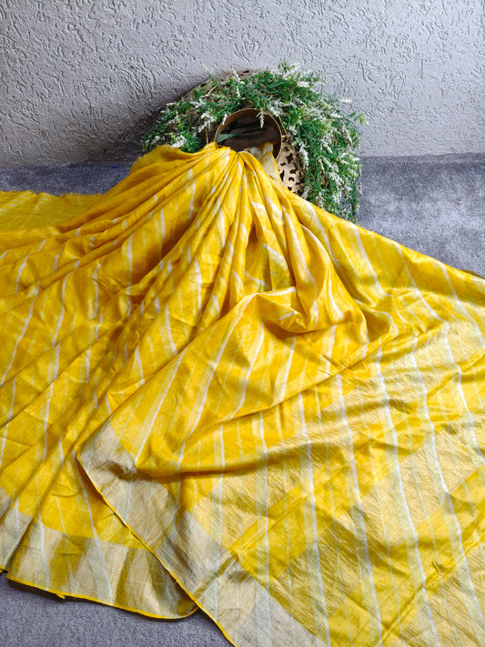 YELLOW PURPLE TUSSAR SILK PURE HANDLOOM LEHERIYA SAREE