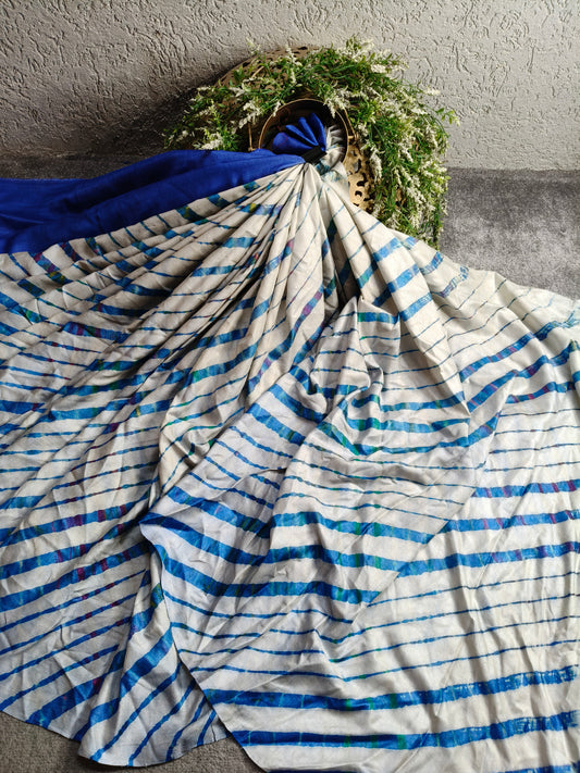 WHITE BLUE TUSSAR SILK PURE HANDLOOM LEHERIYA SAREE