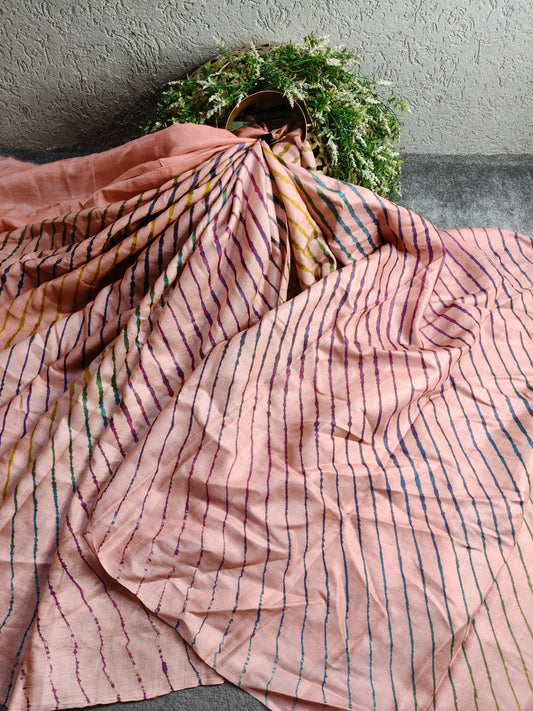 PEACH TUSSAR SILK PURE HANDLOOM LEHERIYA SAREE