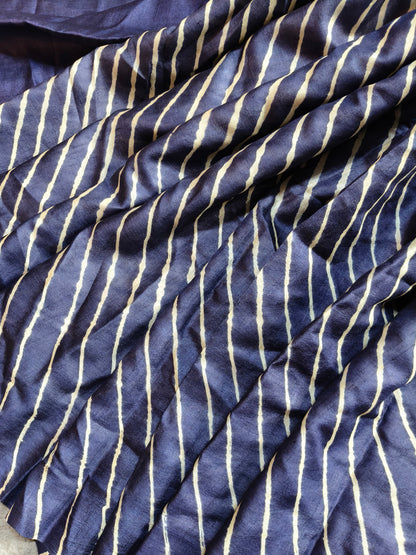 MIDNIGHT BLUE AND WHITE TUSSAR SILK PURE HANDLOOM LEHERIYA SAREE