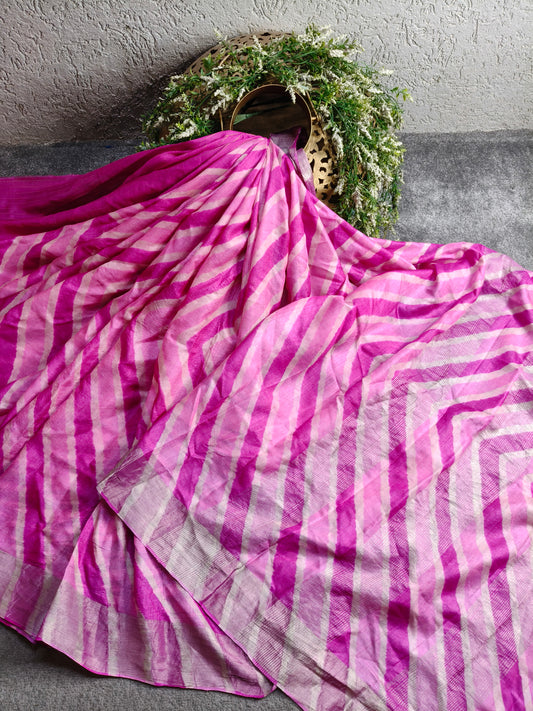 PINK AND WHITE TUSSAR SILK PURE HANDLOOM LEHERIYA SAREE