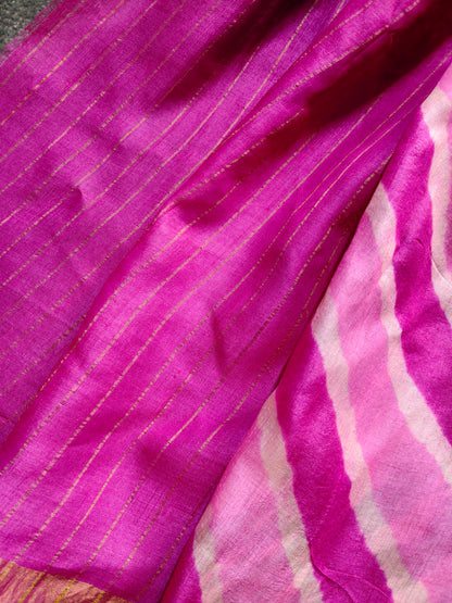 PINK AND WHITE TUSSAR SILK PURE HANDLOOM LEHERIYA SAREE