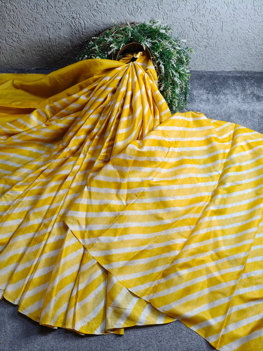 YELLOW AND WHITE  SILK PURE HANDLOOM LEHERIYA SAREE