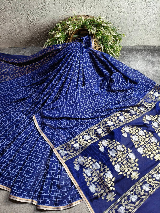 BLUE CHIFFON PURE HANDLOOM BANARASI SAREE