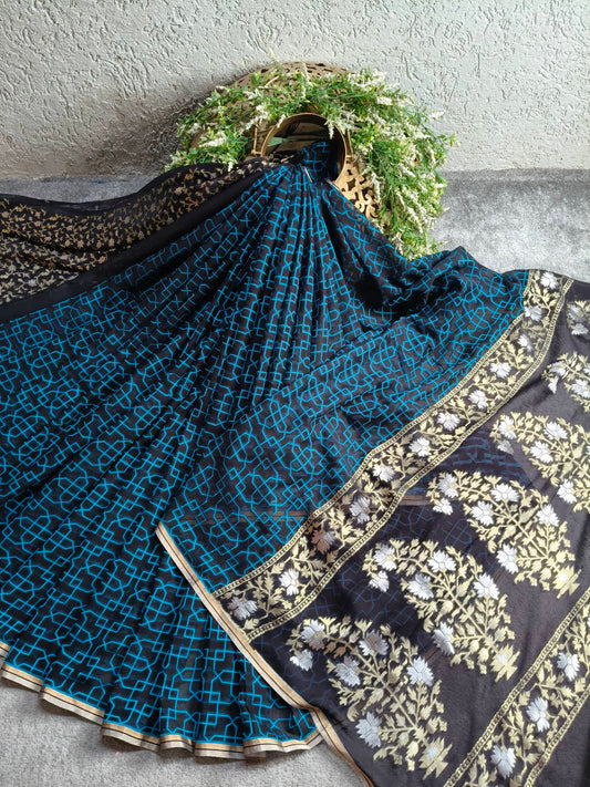 BLACK BLUE CHIFFIN PURE HANDLOOM BANARASI SAREE