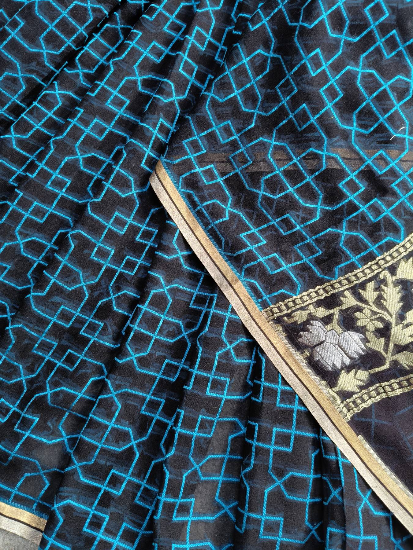 BLACK BLUE CHIFFIN PURE HANDLOOM BANARASI SAREE