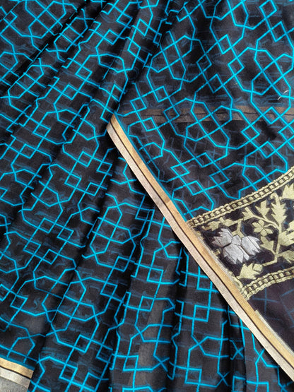 BLACK BLUE CHIFFIN PURE HANDLOOM BANARASI SAREE