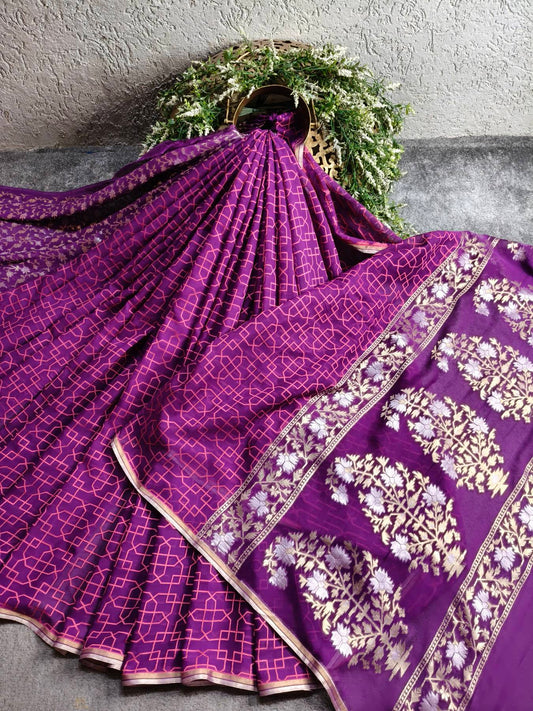 PURPLE CHIFFON PURE HANDLOOM BANARASI SAREE