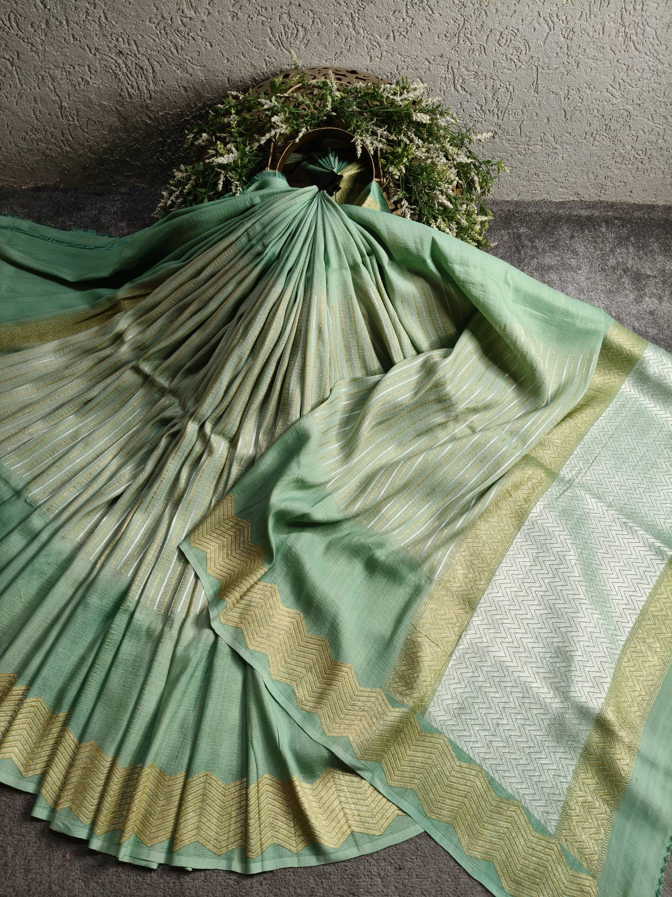 SEA GREEN GEORGETTE TUSSAR PURE HANDLOOM BANARASI SAREE