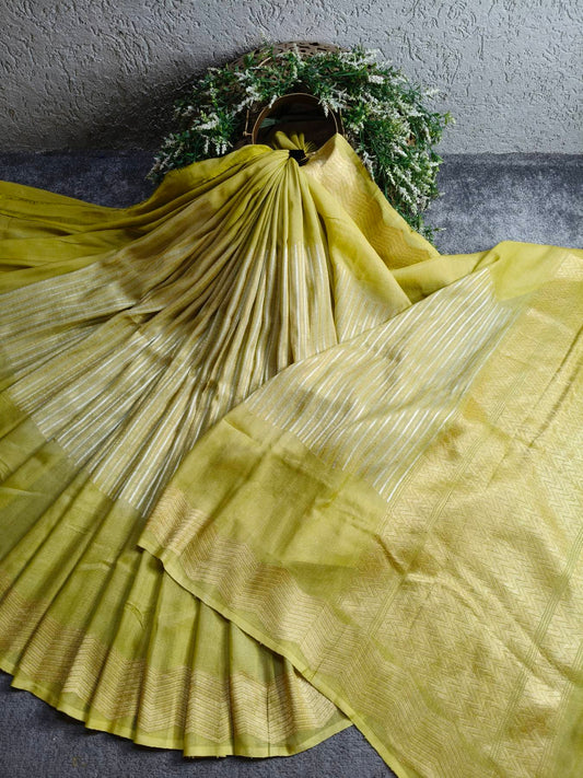 LIME GREEN GEORGETTE TUSSAR PURE HANDLOOM BANARSI SAREE