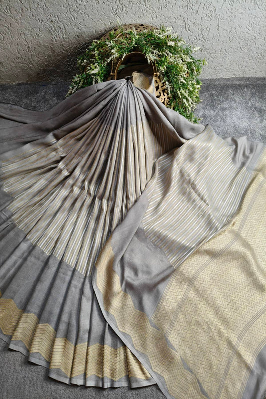 GREY GEORGETTE TUSSAR PURE HANDLOOM BANARSI SAREE