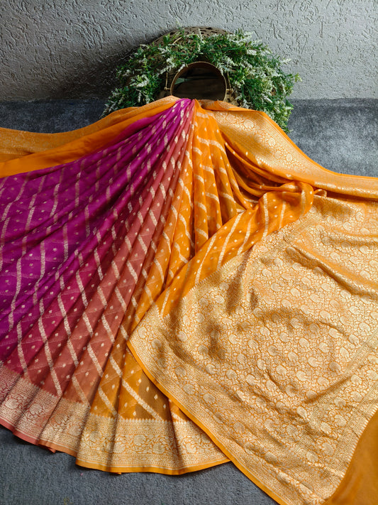 TWO SHADED RANI PINK AND ORANGE CHIFFON PURE HANDLOOM BANARASI SAREE