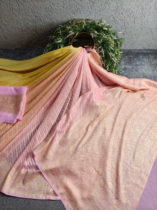TWO SHADED BABY PINK AND LEMON YELLOW CHIFFON PURE HANDLOOM BANARASI SAREE
