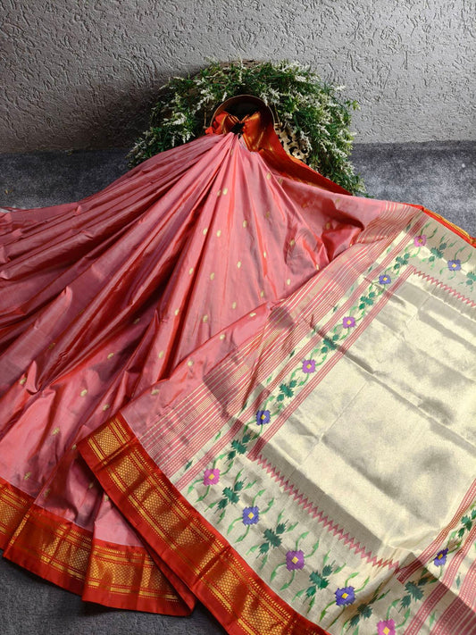 CORAL PINK SILK PURE HANDLOOM PAITHANI SAREE